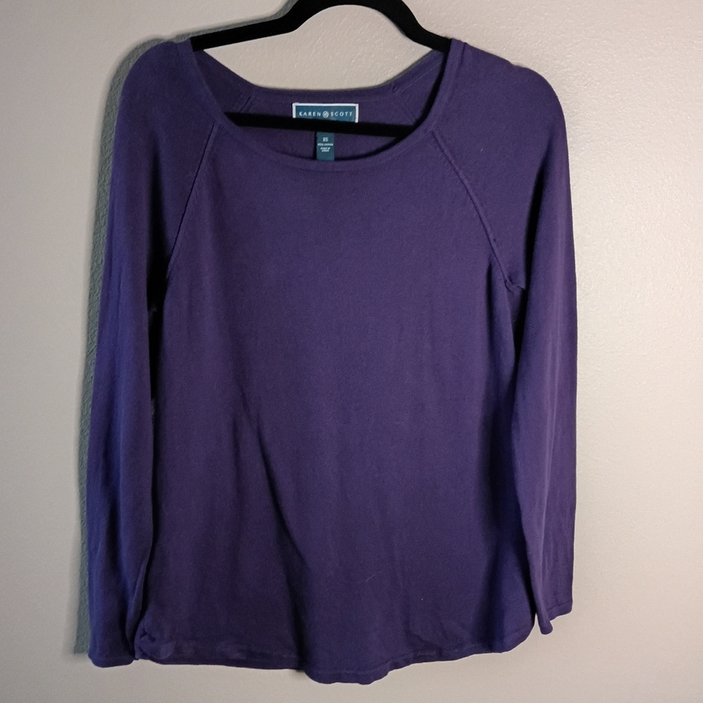 Karen Scott Knit Raglan Sleeve Top Purple 100% Cotton Relaxed Fit Size XS